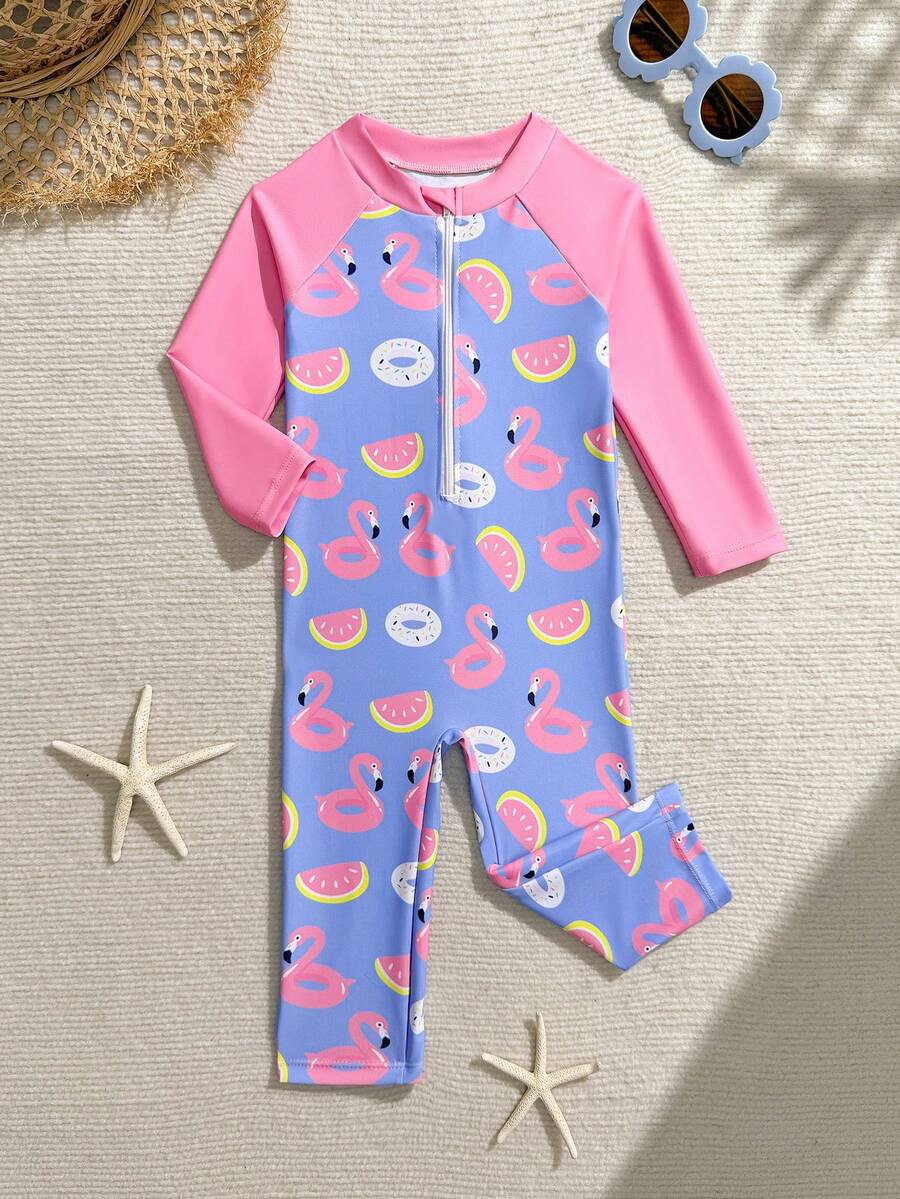 SHEIN Maiô Estampado de Flamingo para Bebê Meninas, Moda Casual Elegante Refinada Feminina Esportiva Alegre e Fofa, Diversão na Água Adequada para Férias, Piscina, Praia, Fotografia, Natal, Ano Novo, Dia dos Namorados, Halloween, Dia da Mentira - Multicolorido - Visão 1
