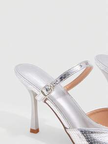 CUCCOO SZL Women's Pointed Toe Buckle Design Fashion Everyday Versatile High Heel Mules For Christmas - Silver - View 5
