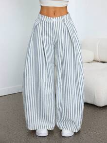 SHEIN PETITE Quần dài nữ mùa hè kiểu vintage, phong cách hippie, dáng rộng, màu xanh rêu quân đội. - Màu xanh lam - Xem 10