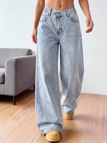 SHEIN Jeans à jambes larges avec décoration de strass en croix, mode pour préadolescentes. Jeans à taille haute, boutons devant, poches multiples, coupe minimaliste taille mi-haute jambes larges. Portables au quotidien de manière décontractée. - Jean clair - Voir 3