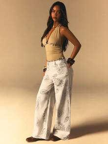 Athîral Quần jeans nữ dáng rộng in họa tiết Paisley phong cách đường phố thường ngày. - Màu be - Xem 5