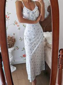 SHEIN 女士浪漫碎花无袖露背吊带裙 - 藍色 - 查看 5