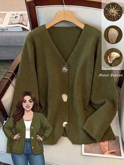 GlowEve CURVE Autumn/Winter New Casual Loose Fit V-Neck Long Sleeve Cardigan, Featuring Unique Sunflower & Shell Metal Decor, Asymmetrical Curved Hem, Women Holiday St Patricks Day