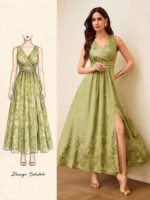 ZEYLAH Women's Floral Print Side Slit Hem Dress, Vacation Style - Green - View 2