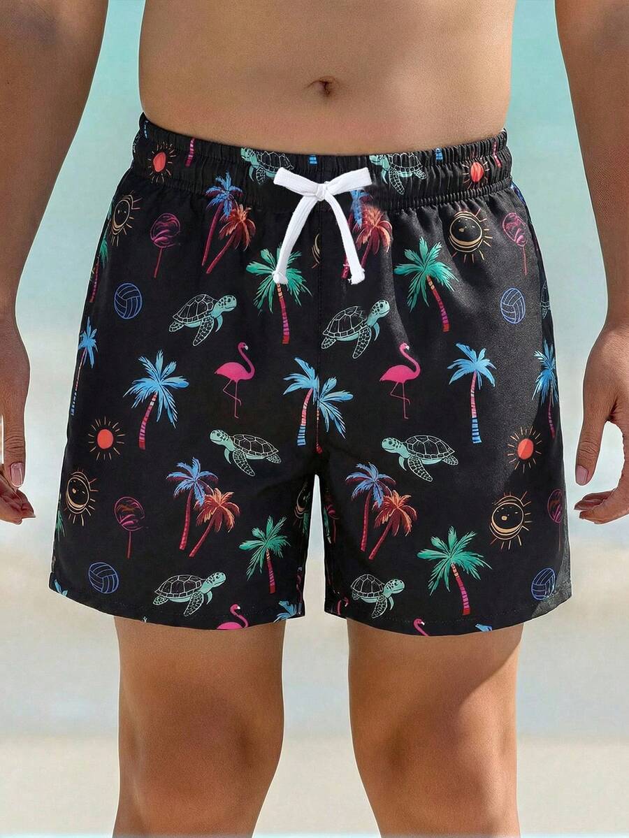SHEIN Young Boy Tropical Print Drawstring Waist Beach Shorts, Summer Kids Swimming Shorts Boy Swim Trunks Swimming Trunks For Kids Boys Swimming Trunks Swimming Shorts For Boys Family Swimwear Set Matching Family Swimwear Mens Swim Trunks Palm Tree Swim Trunks Turtle Swim Trunks Flamingo Swim Trunks Kids Swim Trunk Palm Tree Bathing Suit Boys Printed Shorts Boy Beach Wear Summer Shorts For Kids Father Son Matching Swim Trunks - Black - View 1