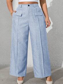 Vionelle 大码女式纯色前袋休闲西装裤阔腿裤女士阔腿裤女士休闲裤女士阔腿裤女士夏季裤装 - 淺藍色 - 查看 5