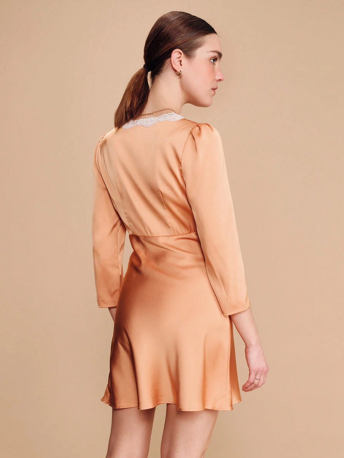Orange Satin Mini Dress With Lace-Trim V-Neck And Tie-Front Bow Cute Spring Summer Style French Style Parisian Style Front Tie Dress Apricot Dress Peach Dress For Women Light Orange Dress