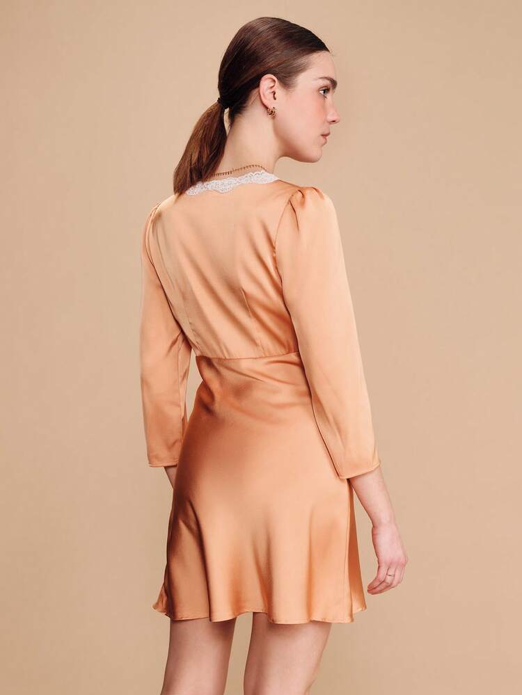 Orange Satin Mini Dress With Lace-Trim V-Neck And Tie-Front Bow Cute Spring Summer Style French Style Parisian Style Front Tie Dress Apricot Dress Peach Dress For Women Light Orange Dress