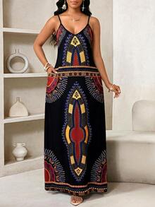 SHEIN Lady Đầm slip nữ họa tiết hình học có túi, kiểu dáng thường ngày, thích hợp cho kỳ nghỉ. - màu đen - Xem 1