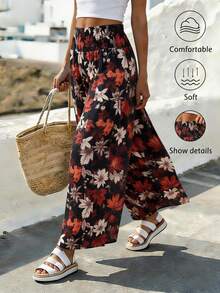 SHEIN Holidaya Women's Black Floral Boho Smocked High Waist Pants,Autumn Leaf Print Wide Leg Long Trousers,Casual Holiday & Vacation Fashionable Summer Pants - Black - View 3