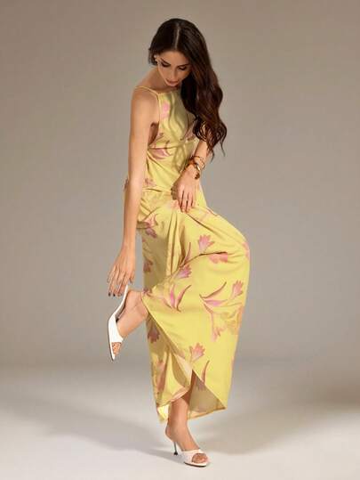 SHEIN Tall 女士纯色休闲吊带露背印花宽松夏威夷度假连衣裙，奶油黄