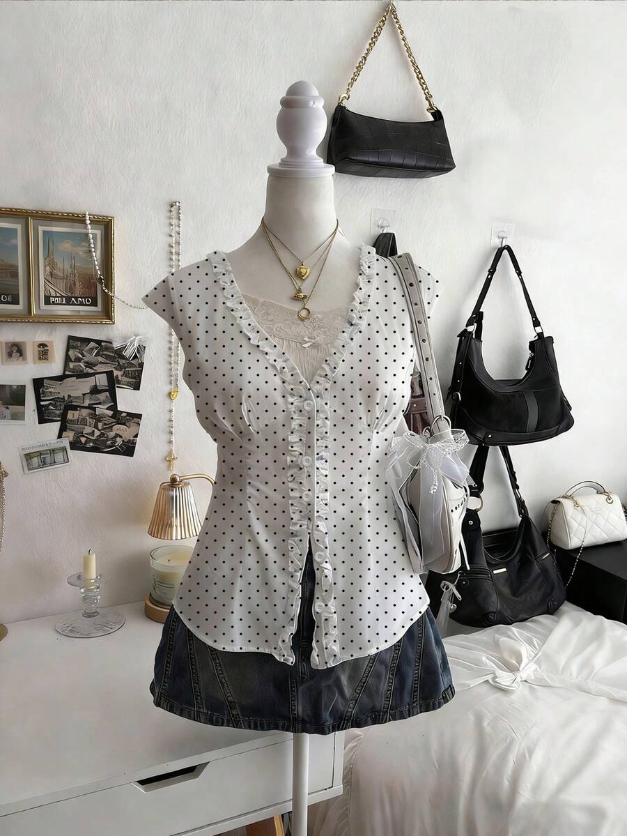 Lalippa Women's Polka Dot Pattern Frill Trim Single-Breasted Casual Shirt - Multicolor - View 1