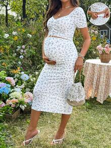 SHEIN 孕妇碎花抽绳上衣和半裙两件套，夏季度假 - 白色 - 查看 1