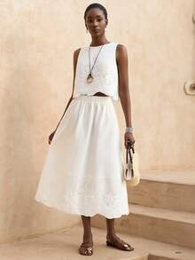 Vesra Women's Sleeveless Hollow-Out Tank Top + Matching Skirt 2 Pieces Set - White - View 5