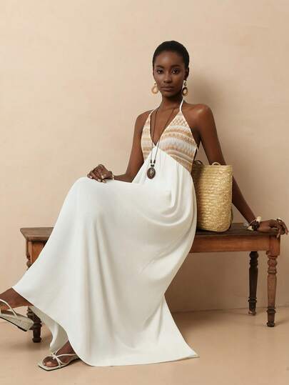 Vesra 女士钩针拼接连衣裙，休闲度假风