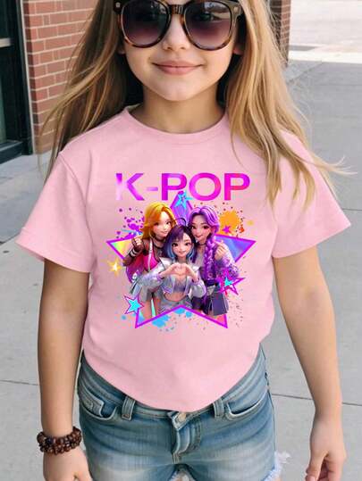 女童圆领卡通字母印花休闲百搭日常短袖T恤