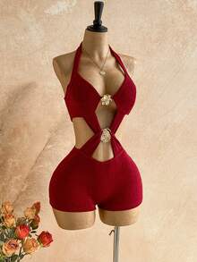 Soleia Women's Sexy Metal Decor Backless Halter Romper For Summer Party Night Elegant Vacation Holiday Red And Gold - Red - View 6