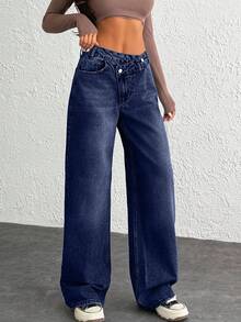 SHEIN WOMEN CLASSIC HIGH WAIST WIDELEG MEDIUM WASH DENIM JEAN ASYMETRIC WAIST Y2K - Dark Wash - View 4