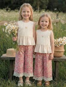 Emery Rose Kids Emery Rose Kids 两件套女童无袖纯色圆领休闲上衣和长裤套装 - 粉色 - 查看 7