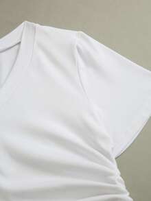 Franclia Elegant And Slim V-Neck Short-Sleeved One-Sided Drawstring Knitted White Spring And Summer Women's White T-Shirt Women's Casual T-Shirt Women's Elegant T-Shirt Women's White T-Shirt Women's Commuting Wear Women's Outing T-Shirt Women's Casual Vacation T-Shirt Women's Spring And Summer T-Shirt - White - View 7