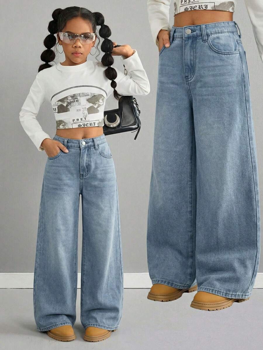 SHEIN Girls' Retro Blue Loose Low-Waist Jeans - Light Wash - View 1