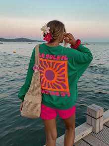 DrmWander 女士字母印花休闲氛围圆领长袖卫衣 - 墨綠色 - 查看 4