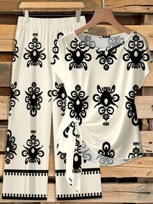 SHEIN Clasi Women's Tie Bow Blouse And Straight Leg Pants 2 Pieces Set, Women's Summer Outfit, Pants Suit, Mom Outfit - Multicolor - View 1