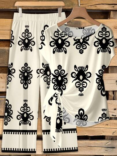 SHEIN Clasi Women's Tie Bow Blouse And Straight Leg Pants 2 Pieces Set, Women's Summer Outfit, Pants Suit, Mom Outfit