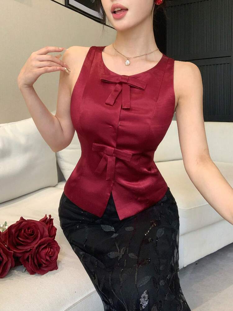 Women's Solid Color Bow Decor Sleeveless Crew Neck Top