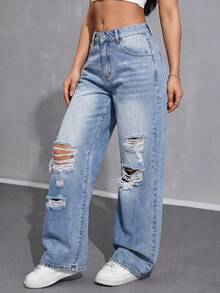 SHEIN ICON Women's Casual Fashion Street Daily Commute Distressed Loose Wide-Leg Jeans - Blue - View 4