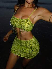 Sirith Women Neon Green Sequin Cropped Cami Top And Bodycon Mini Skirt Sexy 2 Pieces Set - Green - View 4