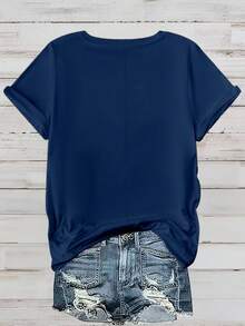 SHEIN CURVE+ Plus Size Women Daisy Print Round Neck Short Sleeve T-Shirt - Navy Blue - View 2