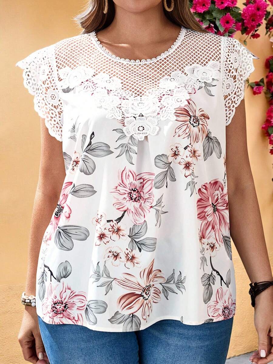 EMERY ROSE 大码女式水溶蕾丝束腰上衣，优雅衬衫，夏季度假必备 - 彩色 - 查看 1