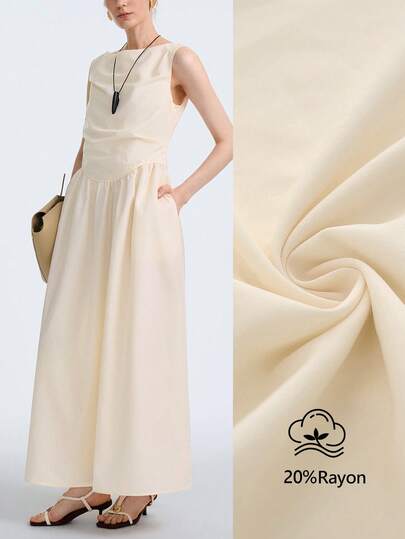 Aalyst Women's Elegant Ruched Sleeveless Long Dress, Lightweight Blend, Suitable For Office, Casual, Vacation, Beach, Afternoon Tea, Light Peach Color