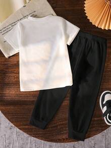 SHEIN 2pcs/Set Boys Motorcycle Graphic Print Outfit,Fashionable Comfortable Beige Round Neck Short Sleeve T-Shirt+Pants Suit For Summer Vacation Gentleman - White - View 2
