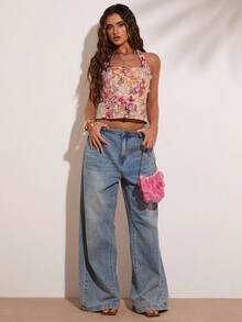 SHEIN BAE 女款優雅夏季花卉串珠拼接掛脖上衣，適合度假、音樂節、Y2K魅力約會、生日派對上衣 - 彩色 - 查看 7