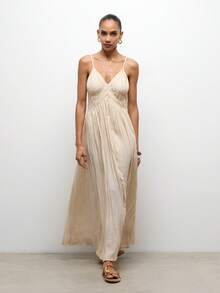 MAIJA Boho Maxikleid mit gehäkelter Bordüre und geraffter Taille - Aprikosenfarben - Übersicht 5