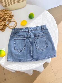 Comfortcana 女士时尚刺绣迷你牛仔裙 - 中等水洗藍 - 查看 2