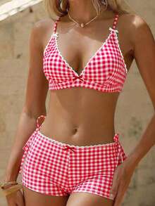 Swim Mod 女士格子印花领结和花卉饰边比基尼三件套泳衣，适合海滩派对和假日场合 - 彩色 - 查看 4
