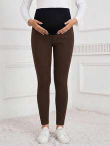 SHEIN Adjustable Waist Patchwork Casual Everyday Maternity Jeans - Coffee Brown - View 8