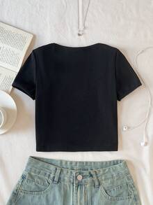 SHEIN Tween Girl Black Collar Splice White Lace Trim Fitted Top T-Shirt, Y2K Style - Black - View 4