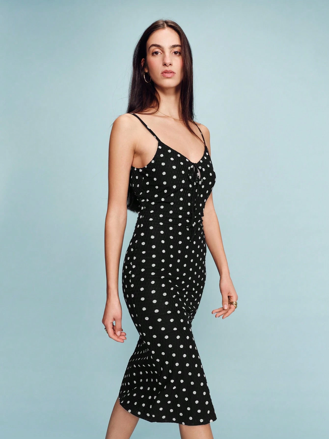 Black Polka Dot Print Fitted Stretch Midi Dress With Tie Front Detail Delicate Straps And Feminine Cute Spring Summer French Style Parisian Style