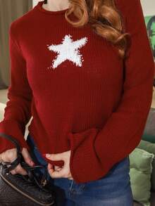 Gretanique 女士休闲星星图案毛衣，秋季 - 紅色 - 查看 3