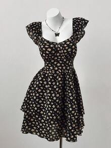 Sunspun 大码女式休闲/度假V领短袖收腰双层下摆迷你连衣裙，夏季 - 黑色 - 查看 3