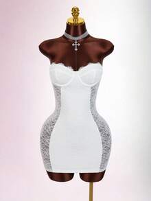 Amplova Vestido mini ajustado transparente con detalles de encaje para fiesta - Blanco - Ver 7