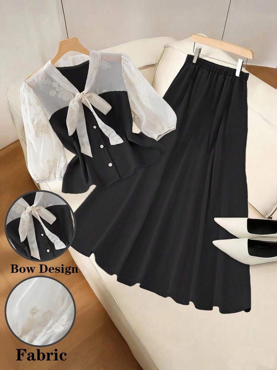 GlowEve CURVE Große Größen einfarbige Bluse mit bestickter Schleife und Passe, Langarm Business-Casual Elegant Regular, einfarbiger Taillenrock Business-Casual Elegant Regular, Frühling/Herbst Regular 2-Teiliges Set - Schwarz - Übersicht 1