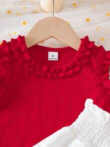 Elladie kids 少女夏季可爱度假风多层罗纹针织吊带背心和纸袋腰层叠半身裙套装，饰有樱桃绒球 - 紅色 - 查看 9