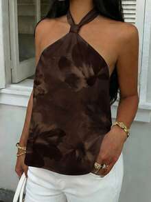 SHEIN EZwear 休闲简约度假波西米亚风优雅浪漫复古棕色扎染水彩印花上衣，适合音乐节、海滩装扮、度假穿着、夏季女装 - 彩色 - 查看 7