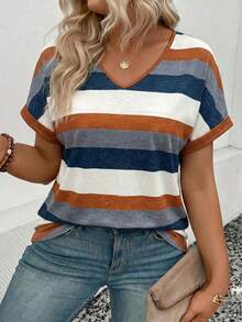EMERY ROSE New Plus Size Women's Fashion Printed Striped V-Neck Versatile Colorful Retro Short Sleeve T-Shirt - Multicolor - View 5