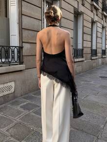 SHEIN PariChic [Black Satin Halter Top With Draped Texture]French Lace-Embellished Open-Back Style – Asymmetrical Slanted Hem & Eyelash Lace Trimming, A Sexy Sleeveless Camisole Boasting Minimalist Design, Lustrous Finish, And Luxe Appeal, Perfect For Layering Or Standalone Wear - Black - View 2